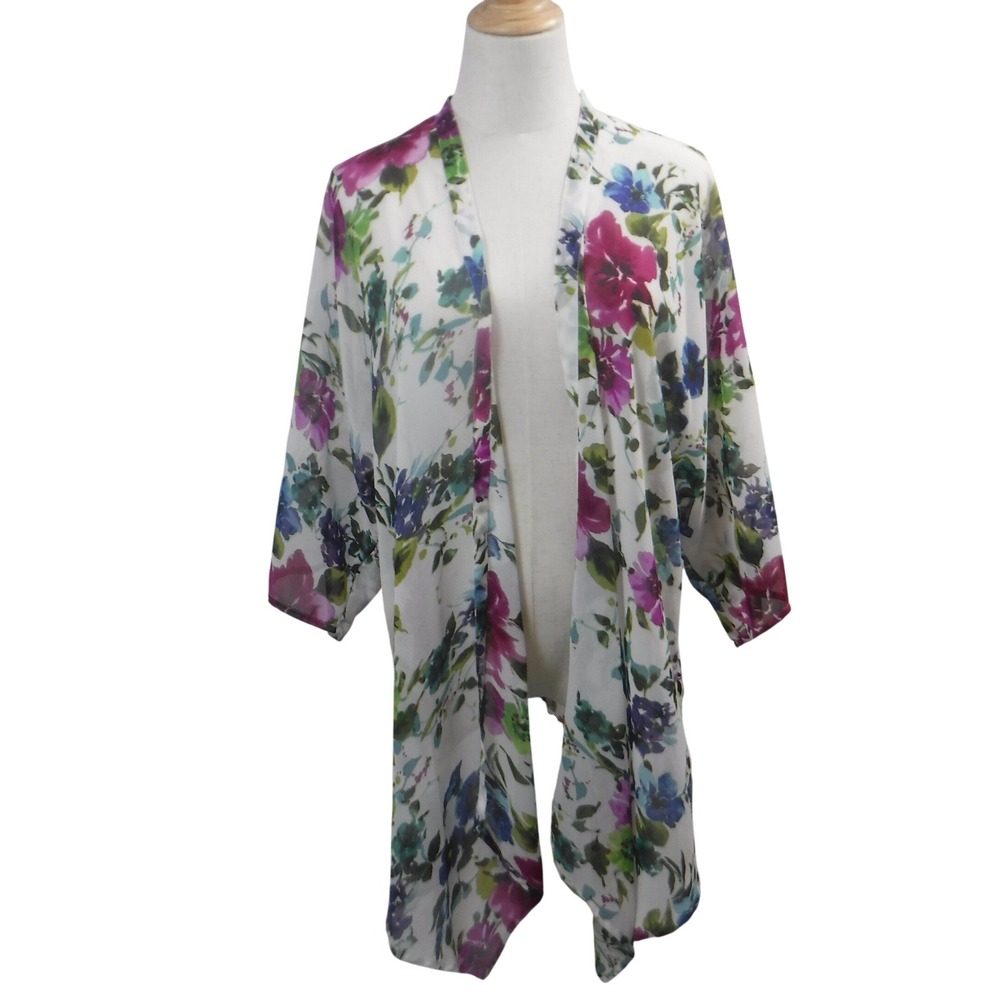 Pradgna Floral Kimono Cardigan Womens‎ Small White Purple Blue Sheer Open Front